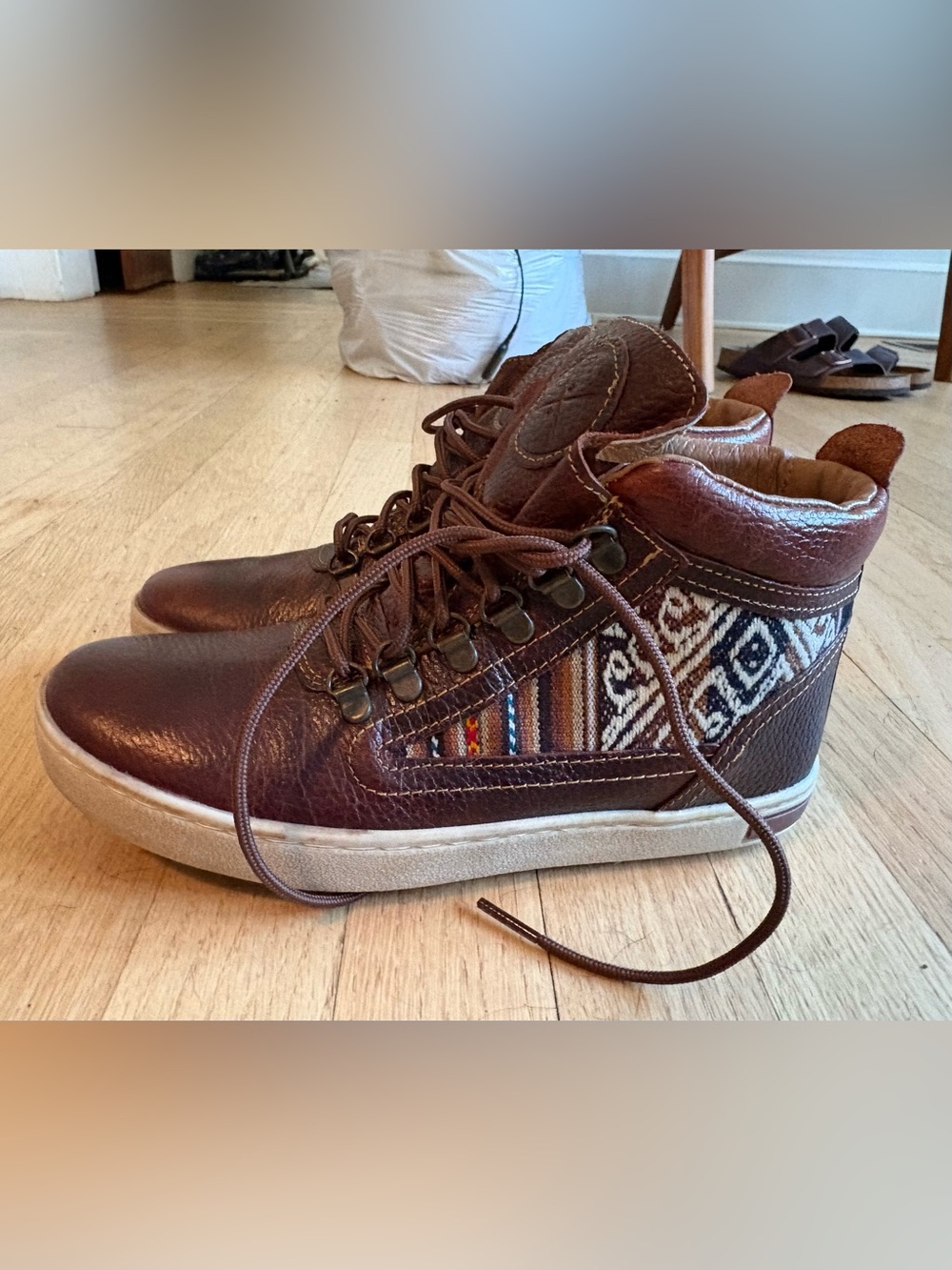 inkkas Brown Leather Lace-Up Boots with Woven Side Panels